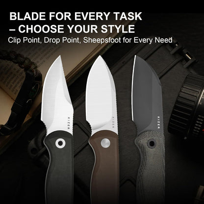 Drop Bear Fixed Blade Knife, 2.57" Black Stonewash D2 Blade EDC Camping Knife with Olive Green G10 Handle & Hidden Tool, Full Tang Hunting Survival Knives with Adjustable Kydex Sheath, 1094M1