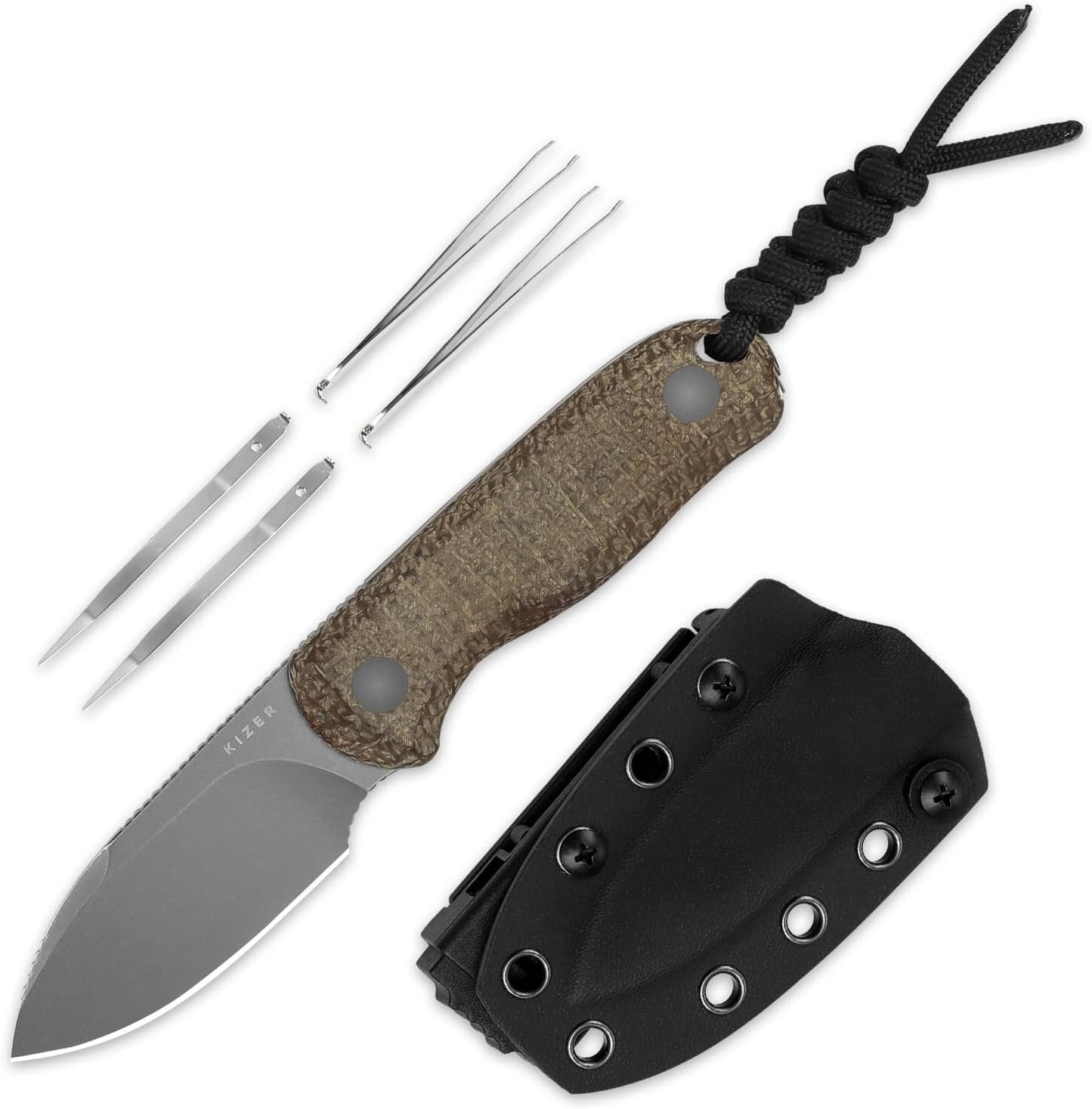 Drop Bear Fixed Blade Knife, 2.57" Black Stonewash D2 Blade EDC Camping Knife with Olive Green G10 Handle & Hidden Tool, Full Tang Hunting Survival Knives with Adjustable Kydex Sheath, 1094M1