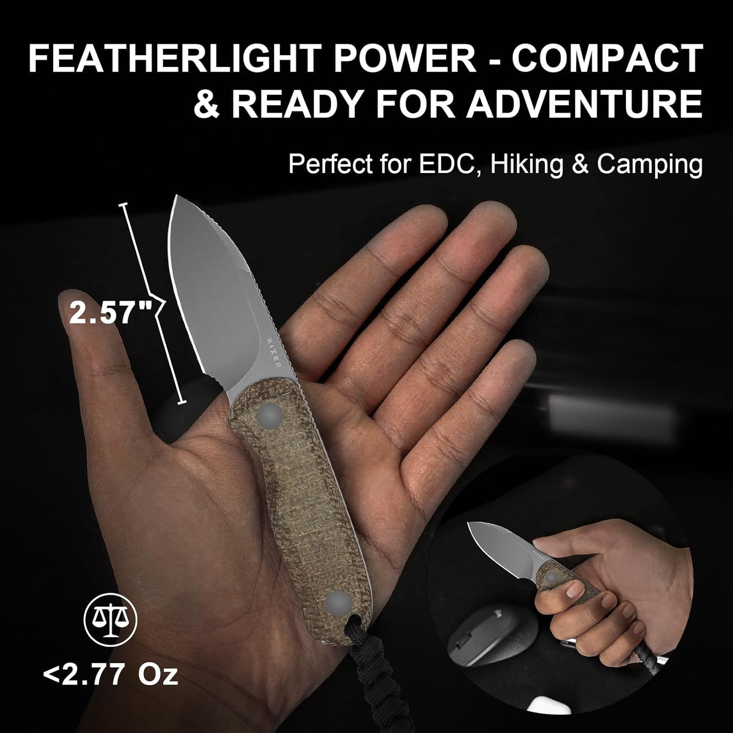 Drop Bear Fixed Blade Knife, 2.57" Black Stonewash D2 Blade EDC Camping Knife with Olive Green G10 Handle & Hidden Tool, Full Tang Hunting Survival Knives with Adjustable Kydex Sheath, 1094M1