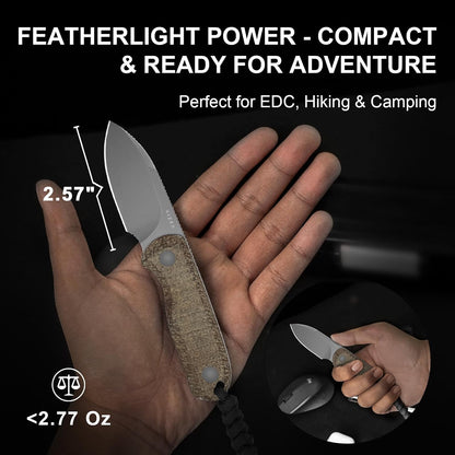 Drop Bear Fixed Blade Knife, 2.57" Black Stonewash D2 Blade EDC Camping Knife with Olive Green G10 Handle & Hidden Tool, Full Tang Hunting Survival Knives with Adjustable Kydex Sheath, 1094M1