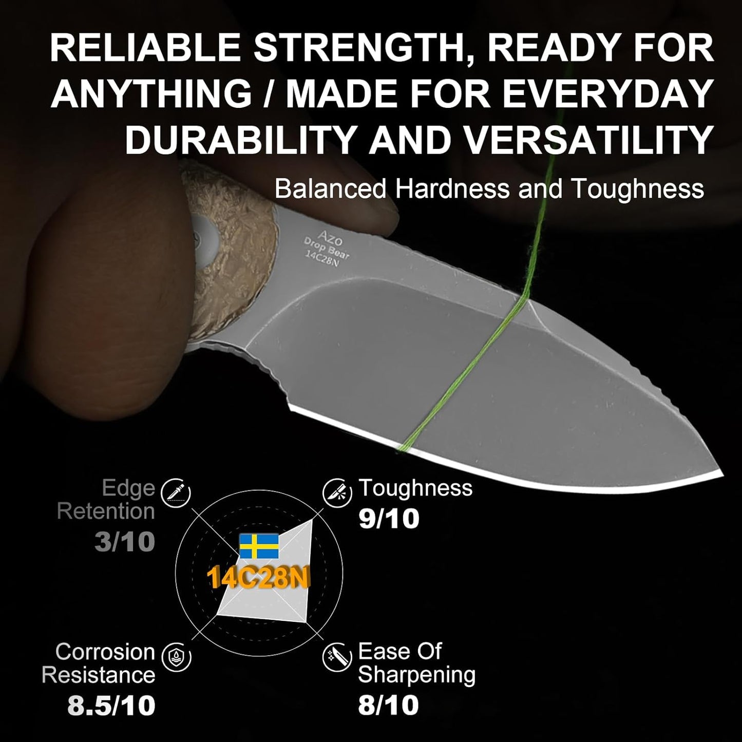 Drop Bear Fixed Blade Knife, 2.57" Black Stonewash D2 Blade EDC Camping Knife with Olive Green G10 Handle & Hidden Tool, Full Tang Hunting Survival Knives with Adjustable Kydex Sheath, 1094M1