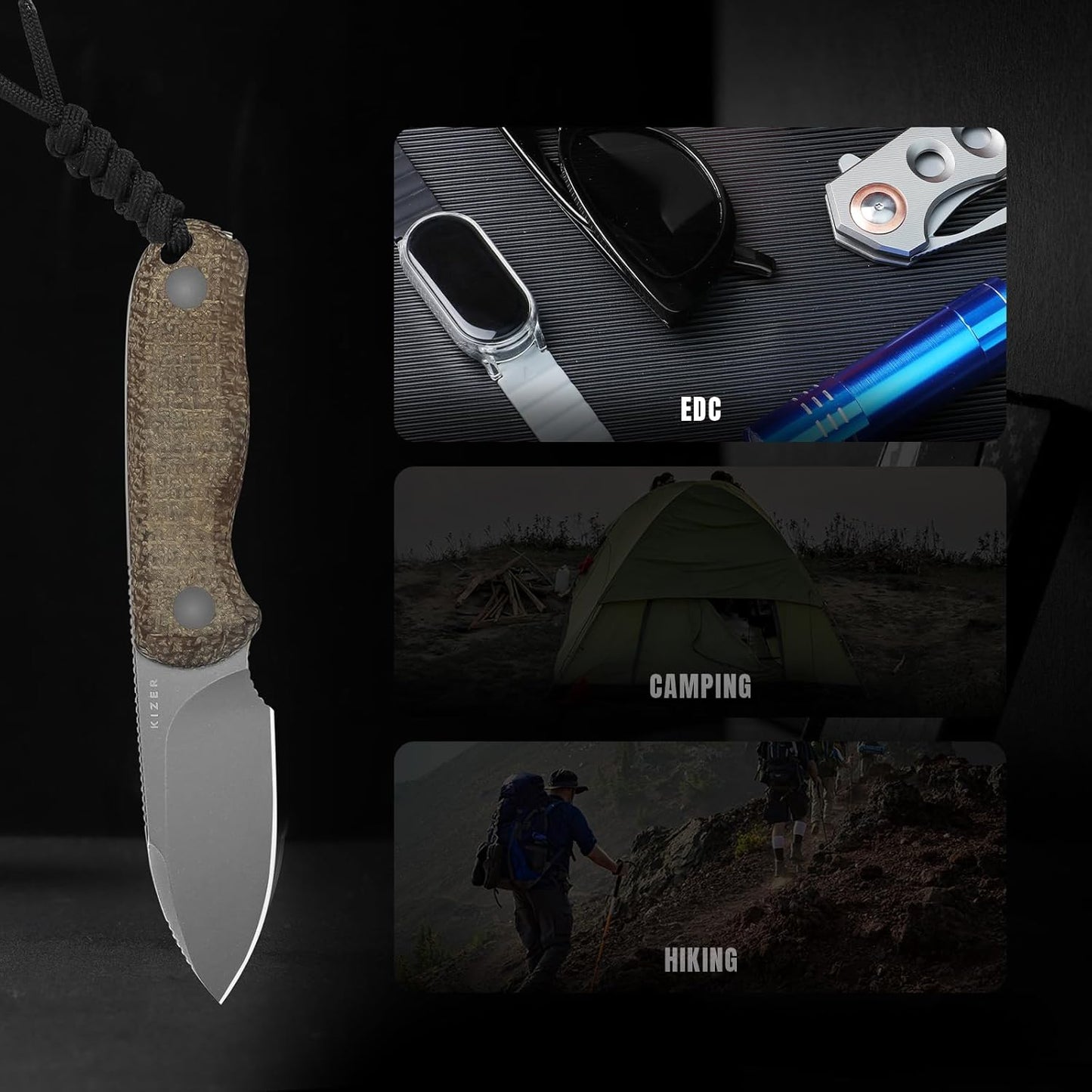Drop Bear Fixed Blade Knife, 2.57" Black Stonewash D2 Blade EDC Camping Knife with Olive Green G10 Handle & Hidden Tool, Full Tang Hunting Survival Knives with Adjustable Kydex Sheath, 1094M1