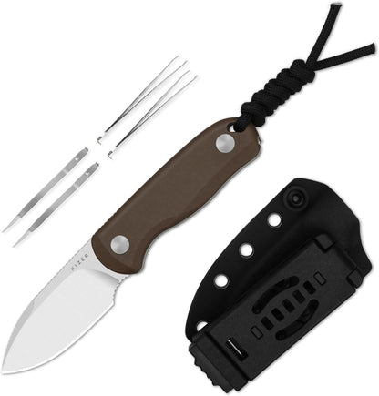 Drop Bear Fixed Blade Knife, 2.57" Black Stonewash D2 Blade EDC Camping Knife with Olive Green G10 Handle & Hidden Tool, Full Tang Hunting Survival Knives with Adjustable Kydex Sheath, 1094M1