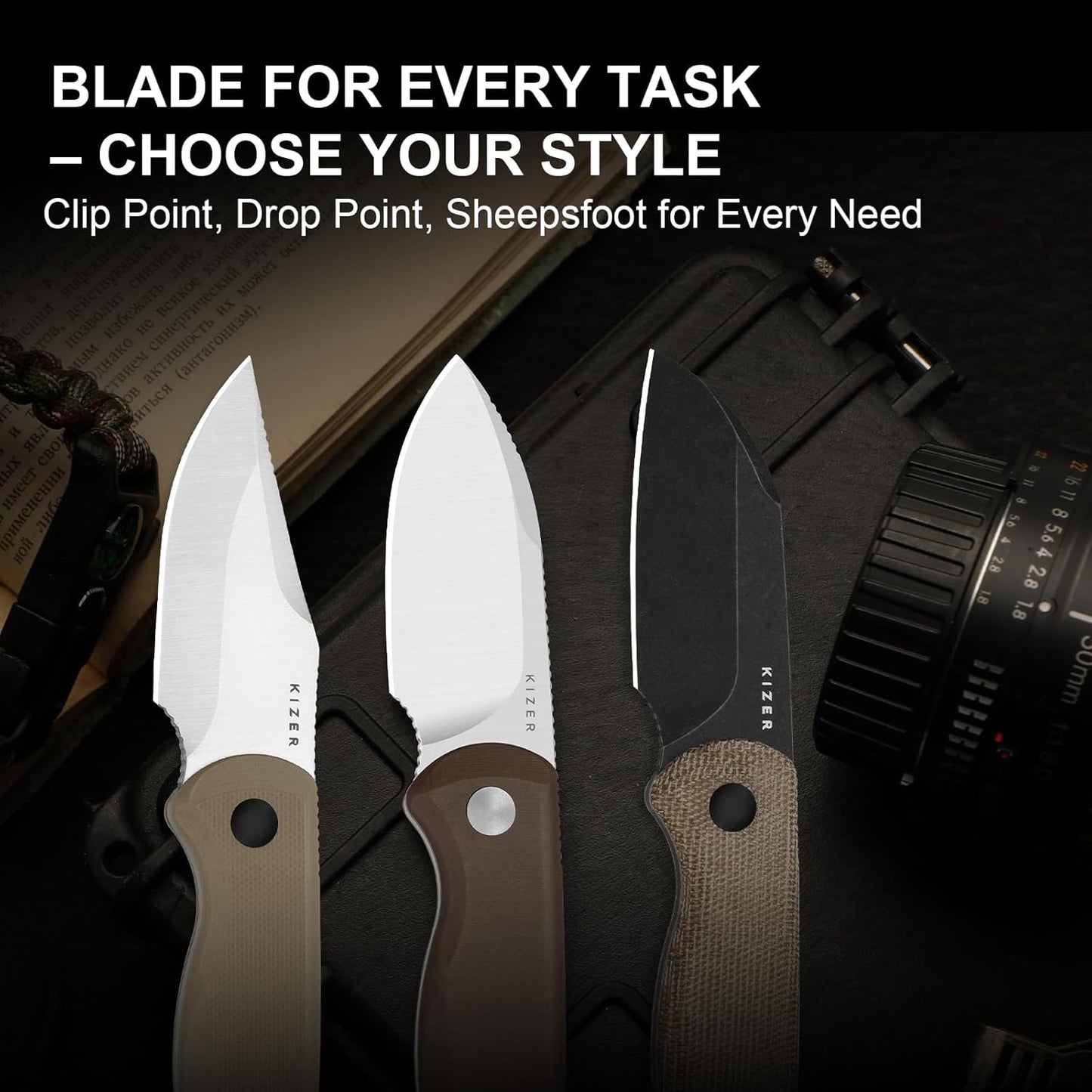 Drop Bear Fixed Blade Knife, 2.57" Black Stonewash D2 Blade EDC Camping Knife with Olive Green G10 Handle & Hidden Tool, Full Tang Hunting Survival Knives with Adjustable Kydex Sheath, 1094M1