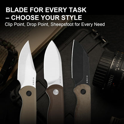 Drop Bear Fixed Blade Knife, 2.57" Black Stonewash D2 Blade EDC Camping Knife with Olive Green G10 Handle & Hidden Tool, Full Tang Hunting Survival Knives with Adjustable Kydex Sheath, 1094M1