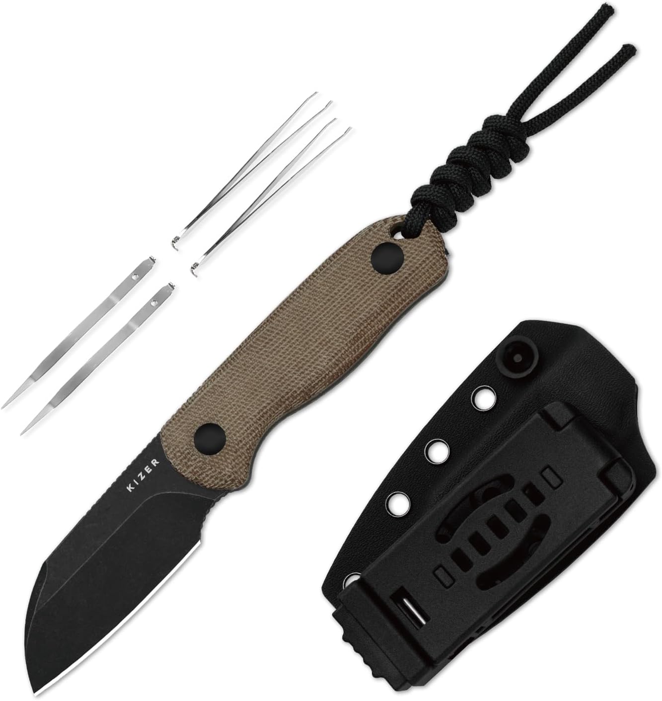 Drop Bear Fixed Blade Knife, 2.57" Black Stonewash D2 Blade EDC Camping Knife with Olive Green G10 Handle & Hidden Tool, Full Tang Hunting Survival Knives with Adjustable Kydex Sheath, 1094M1