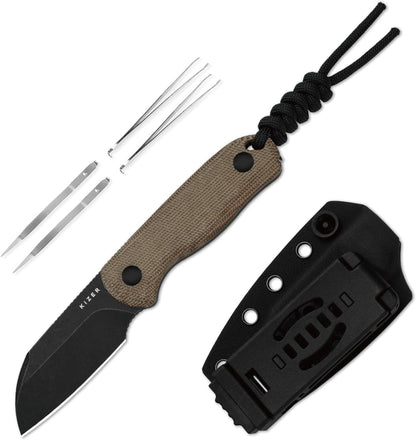 Drop Bear Fixed Blade Knife, 2.57" Black Stonewash D2 Blade EDC Camping Knife with Olive Green G10 Handle & Hidden Tool, Full Tang Hunting Survival Knives with Adjustable Kydex Sheath, 1094M1