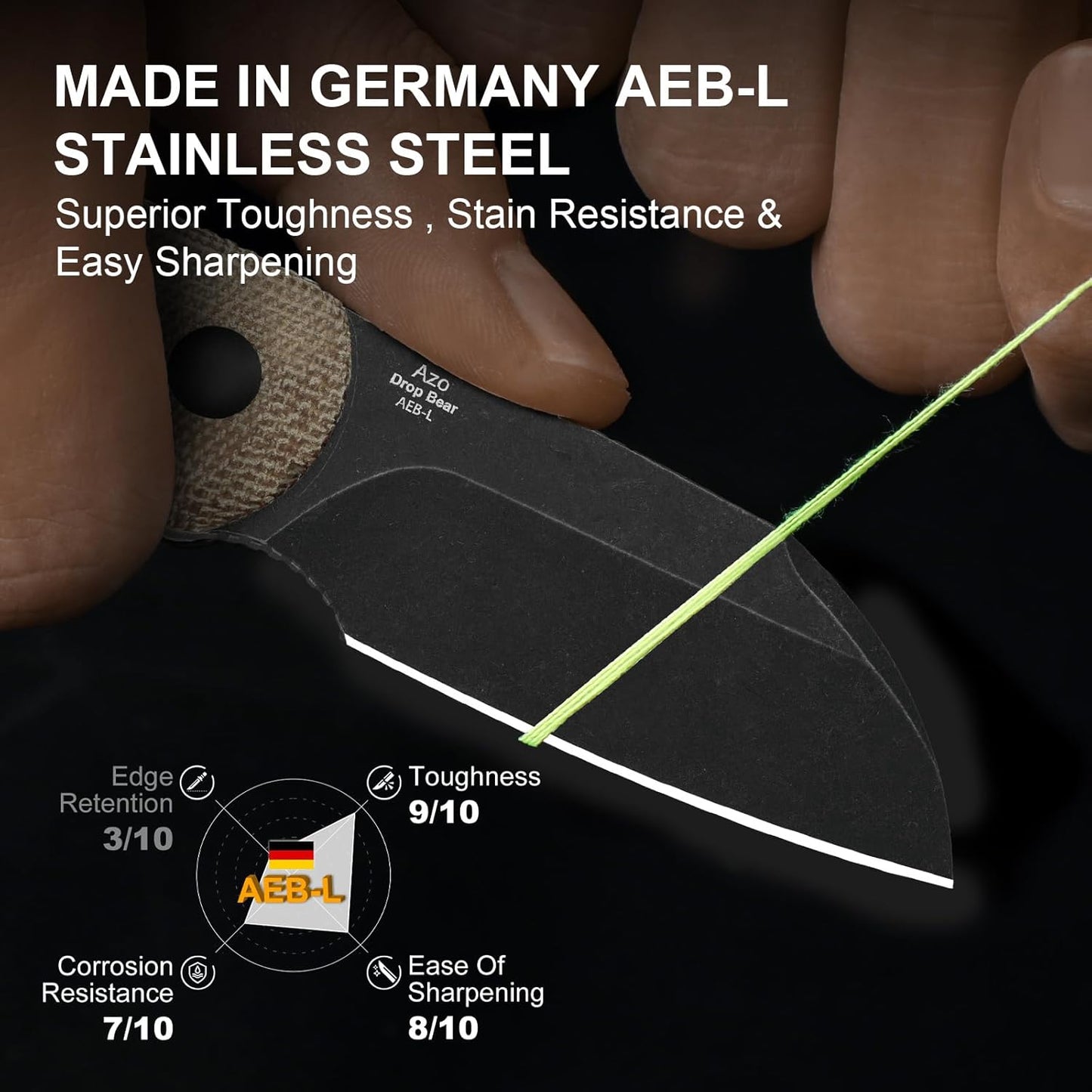 Drop Bear Fixed Blade Knife, 2.57" Black Stonewash D2 Blade EDC Camping Knife with Olive Green G10 Handle & Hidden Tool, Full Tang Hunting Survival Knives with Adjustable Kydex Sheath, 1094M1