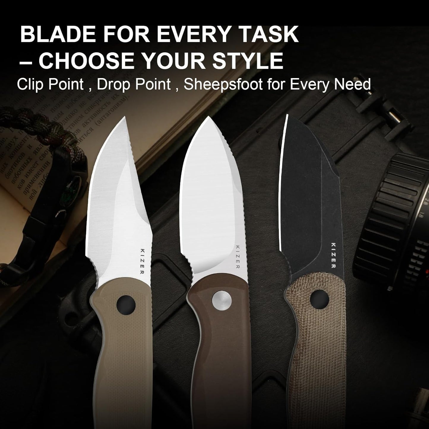 Drop Bear Fixed Blade Knife, 2.57" Black Stonewash D2 Blade EDC Camping Knife with Olive Green G10 Handle & Hidden Tool, Full Tang Hunting Survival Knives with Adjustable Kydex Sheath, 1094M1