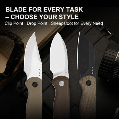 Drop Bear Fixed Blade Knife, 2.57" Black Stonewash D2 Blade EDC Camping Knife with Olive Green G10 Handle & Hidden Tool, Full Tang Hunting Survival Knives with Adjustable Kydex Sheath, 1094M1