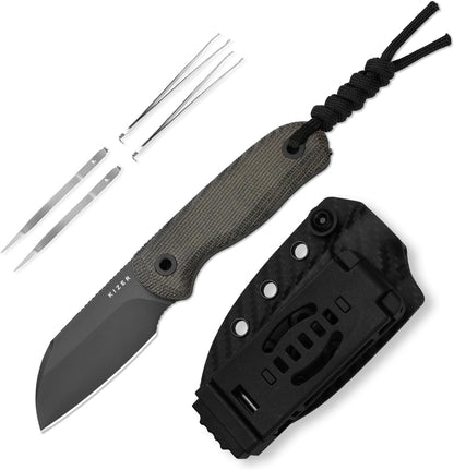 Drop Bear Fixed Blade Knife, 2.57" Black Stonewash D2 Blade EDC Camping Knife with Olive Green G10 Handle & Hidden Tool, Full Tang Hunting Survival Knives with Adjustable Kydex Sheath, 1094M1