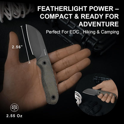 Drop Bear Fixed Blade Knife, 2.57" Black Stonewash D2 Blade EDC Camping Knife with Olive Green G10 Handle & Hidden Tool, Full Tang Hunting Survival Knives with Adjustable Kydex Sheath, 1094M1