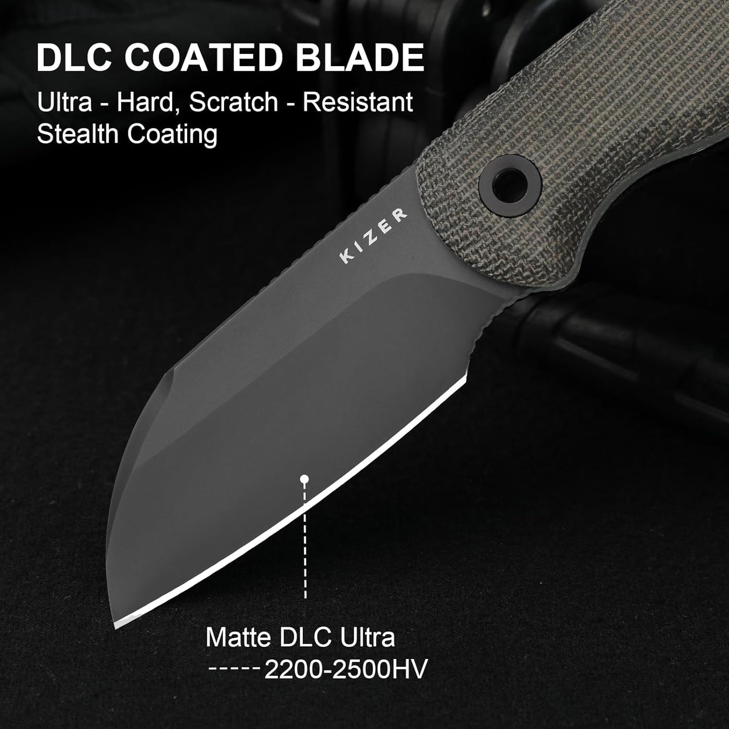 Drop Bear Fixed Blade Knife, 2.57" Black Stonewash D2 Blade EDC Camping Knife with Olive Green G10 Handle & Hidden Tool, Full Tang Hunting Survival Knives with Adjustable Kydex Sheath, 1094M1
