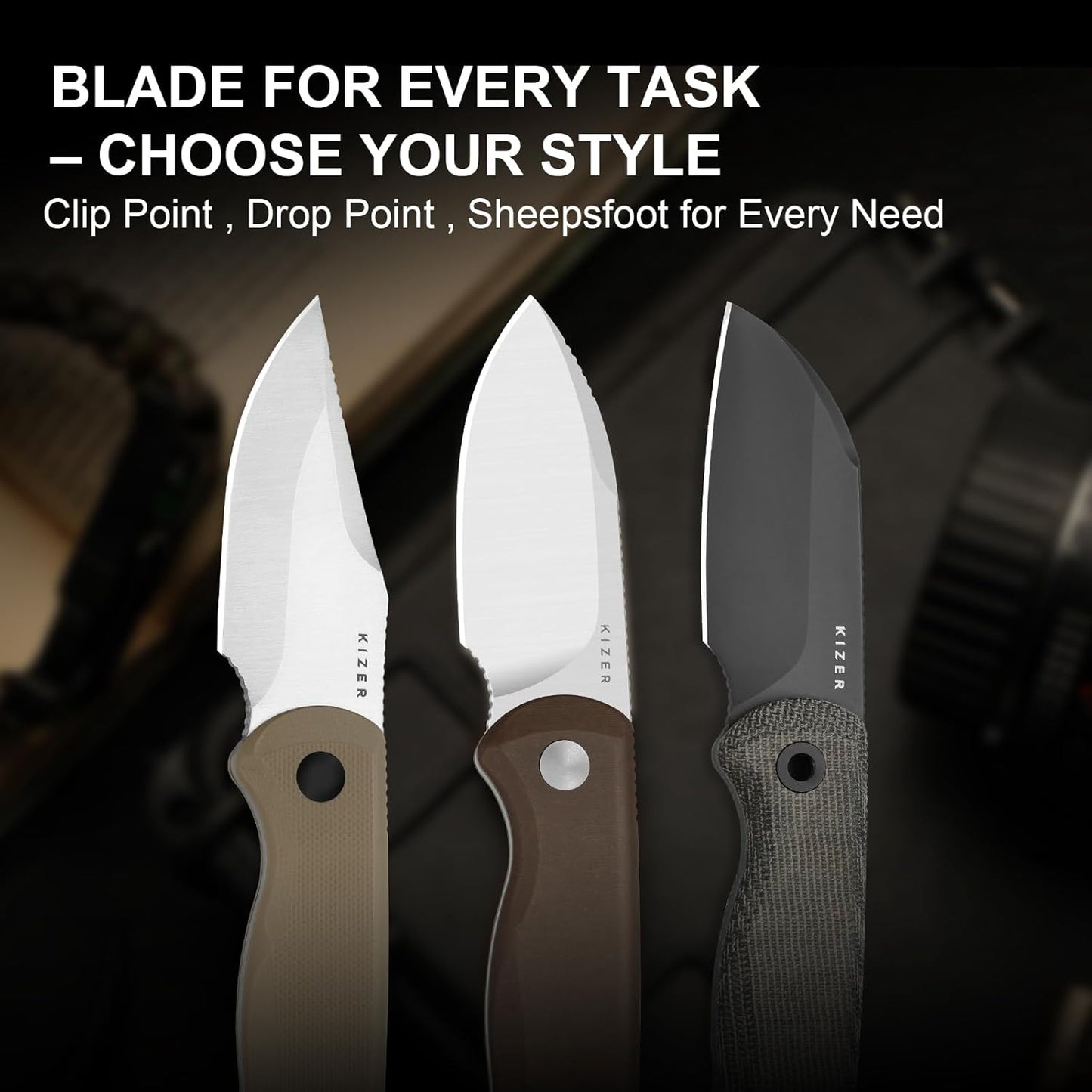 Drop Bear Fixed Blade Knife, 2.57" Black Stonewash D2 Blade EDC Camping Knife with Olive Green G10 Handle & Hidden Tool, Full Tang Hunting Survival Knives with Adjustable Kydex Sheath, 1094M1