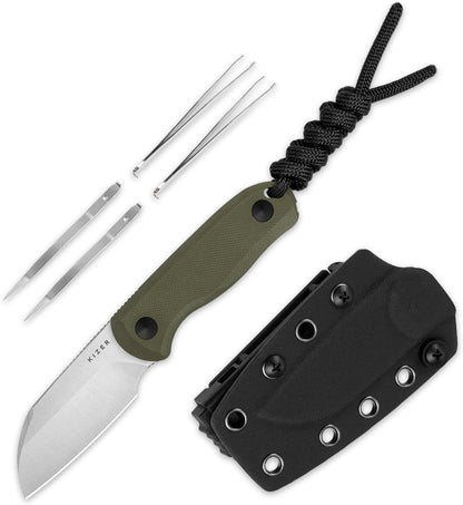Drop Bear Fixed Blade Knife, 2.57" Black Stonewash D2 Blade EDC Camping Knife with Olive Green G10 Handle & Hidden Tool, Full Tang Hunting Survival Knives with Adjustable Kydex Sheath, 1094M1