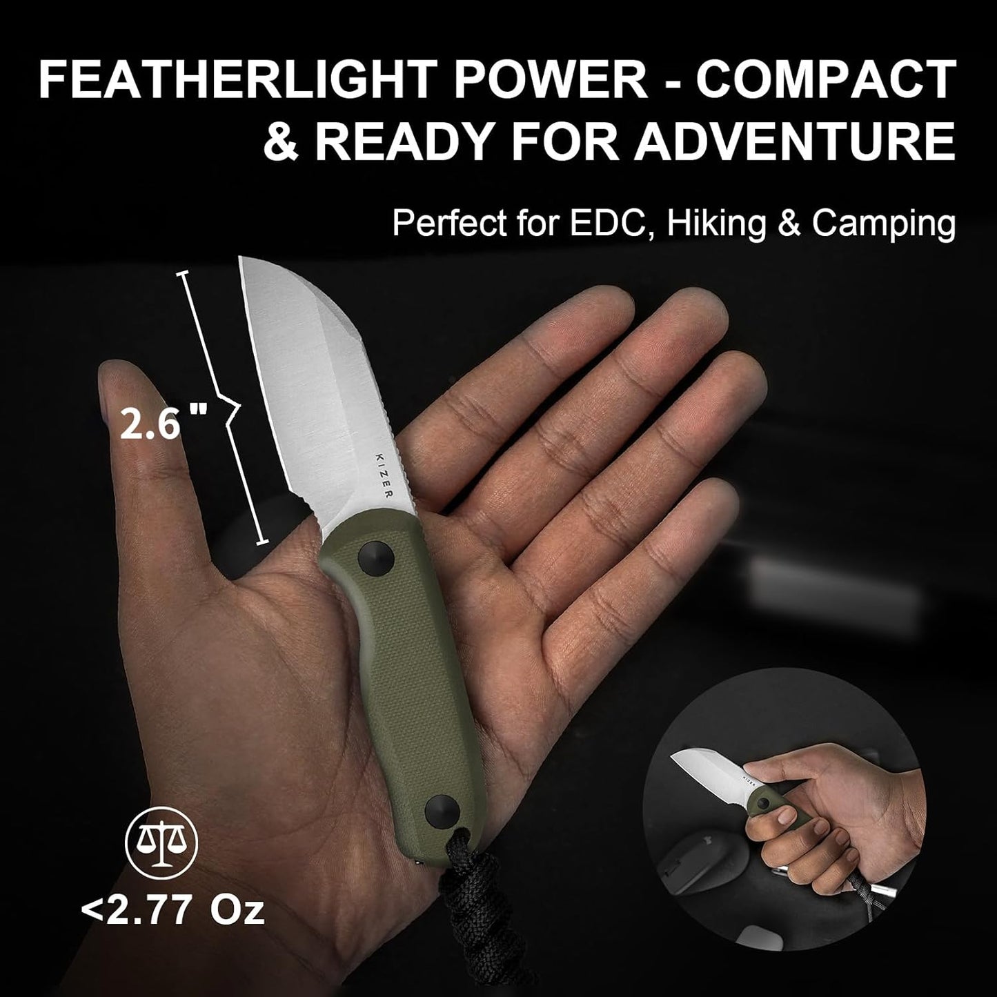 Drop Bear Fixed Blade Knife, 2.57" Black Stonewash D2 Blade EDC Camping Knife with Olive Green G10 Handle & Hidden Tool, Full Tang Hunting Survival Knives with Adjustable Kydex Sheath, 1094M1
