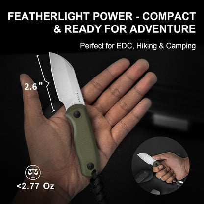 Drop Bear Fixed Blade Knife, 2.57" Black Stonewash D2 Blade EDC Camping Knife with Olive Green G10 Handle & Hidden Tool, Full Tang Hunting Survival Knives with Adjustable Kydex Sheath, 1094M1