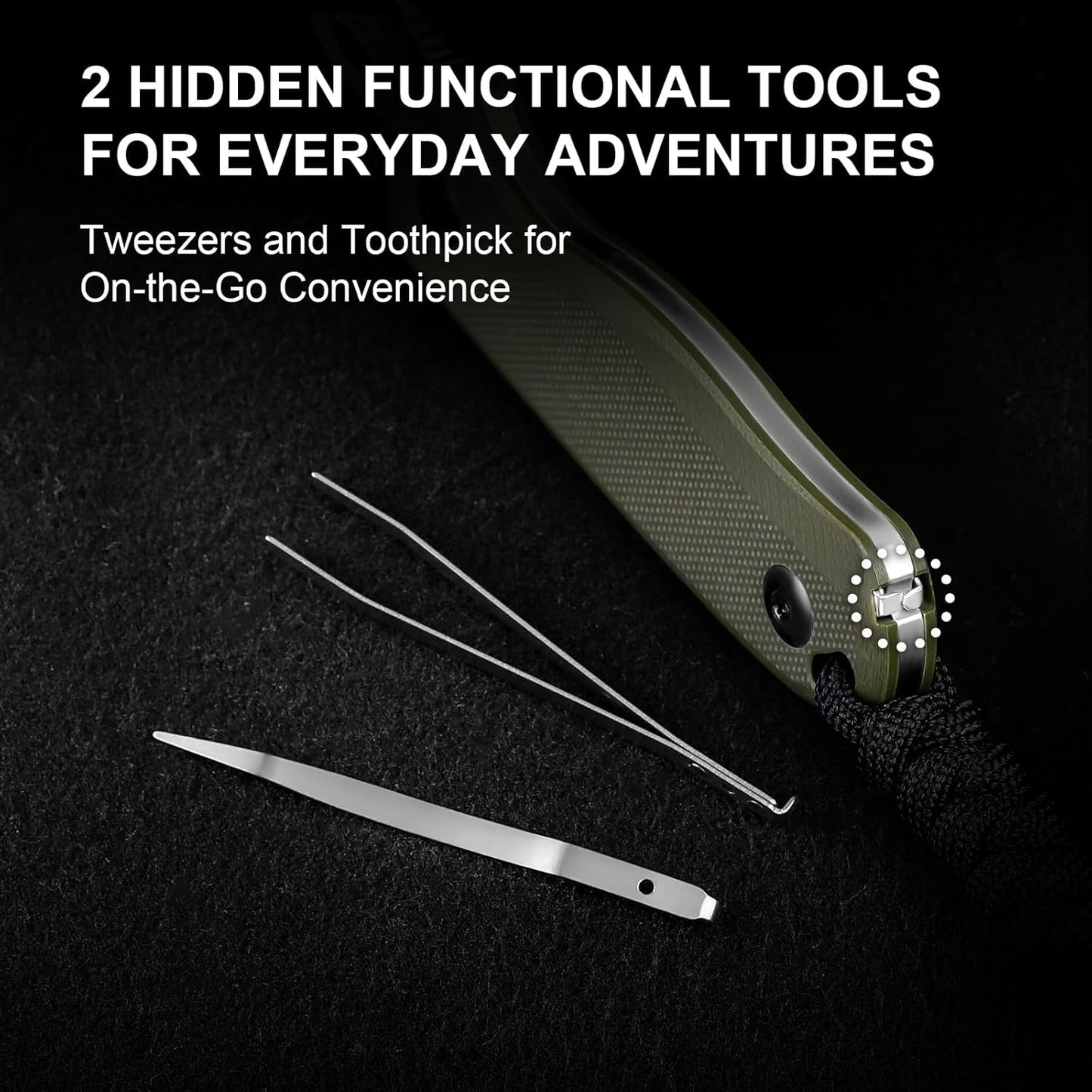 Drop Bear Fixed Blade Knife, 2.57" Black Stonewash D2 Blade EDC Camping Knife with Olive Green G10 Handle & Hidden Tool, Full Tang Hunting Survival Knives with Adjustable Kydex Sheath, 1094M1