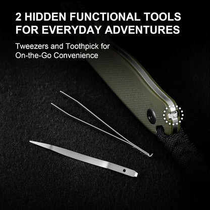 Drop Bear Fixed Blade Knife, 2.57" Black Stonewash D2 Blade EDC Camping Knife with Olive Green G10 Handle & Hidden Tool, Full Tang Hunting Survival Knives with Adjustable Kydex Sheath, 1094M1