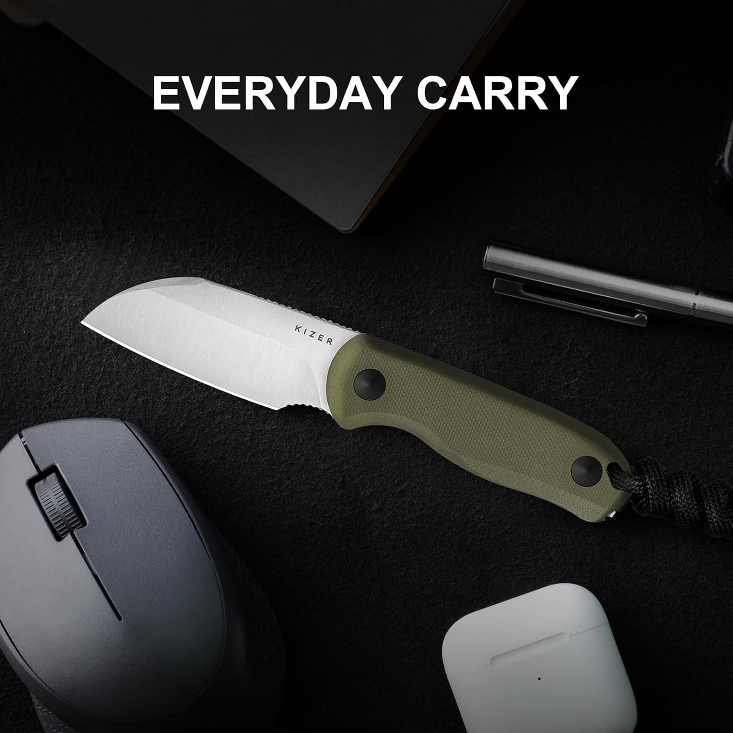 Drop Bear Fixed Blade Knife, 2.57" Black Stonewash D2 Blade EDC Camping Knife with Olive Green G10 Handle & Hidden Tool, Full Tang Hunting Survival Knives with Adjustable Kydex Sheath, 1094M1