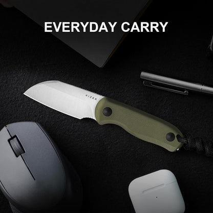 Drop Bear Fixed Blade Knife, 2.57" Black Stonewash D2 Blade EDC Camping Knife with Olive Green G10 Handle & Hidden Tool, Full Tang Hunting Survival Knives with Adjustable Kydex Sheath, 1094M1