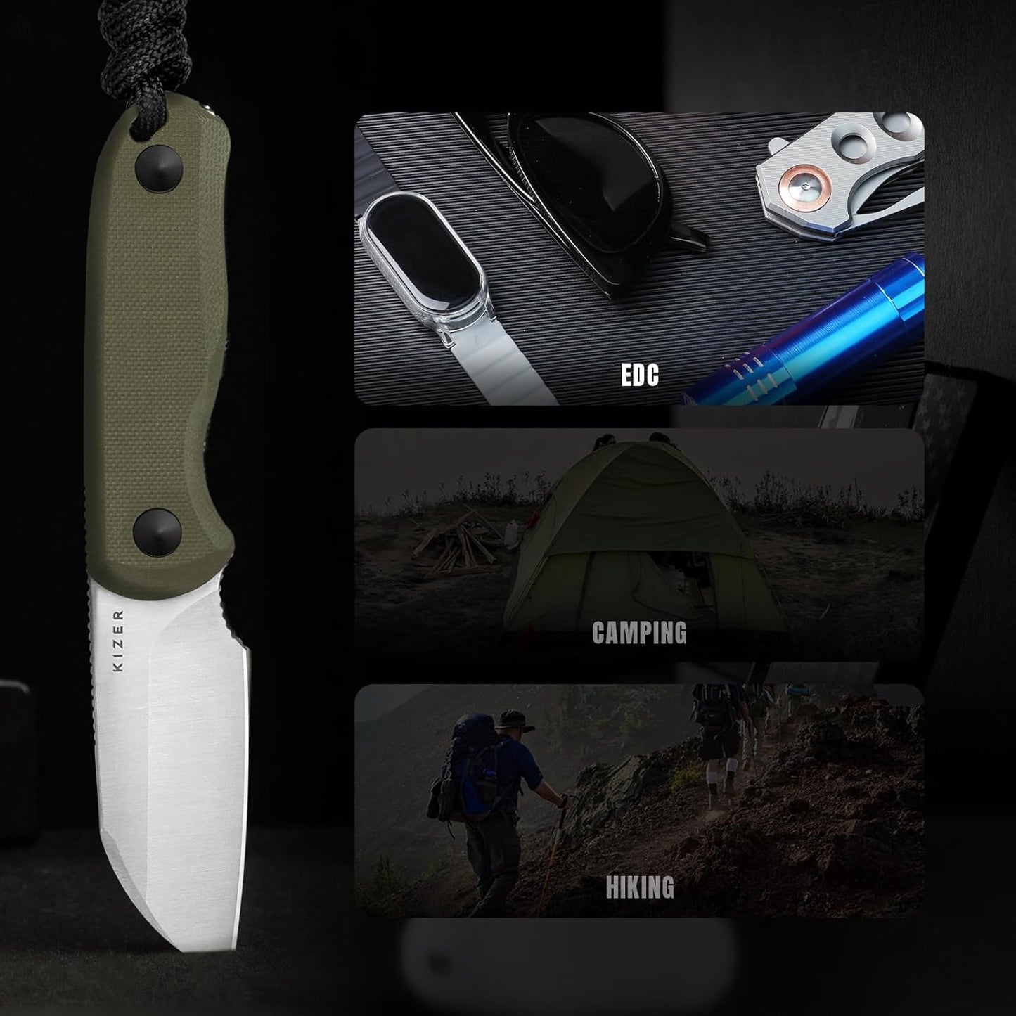 Drop Bear Fixed Blade Knife, 2.57" Black Stonewash D2 Blade EDC Camping Knife with Olive Green G10 Handle & Hidden Tool, Full Tang Hunting Survival Knives with Adjustable Kydex Sheath, 1094M1