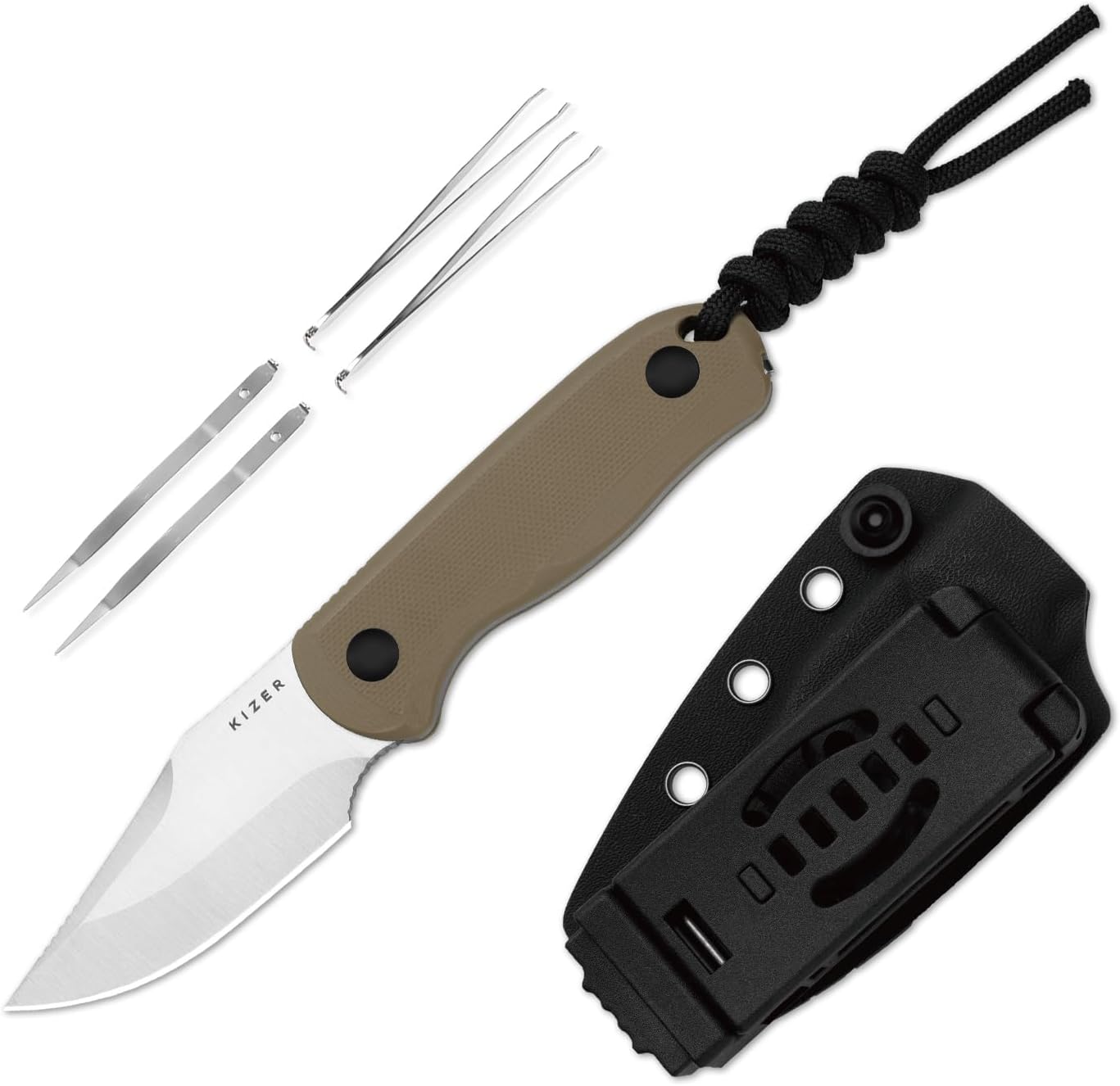 Drop Bear Fixed Blade Knife, 2.57" Black Stonewash D2 Blade EDC Camping Knife with Olive Green G10 Handle & Hidden Tool, Full Tang Hunting Survival Knives with Adjustable Kydex Sheath, 1094M1