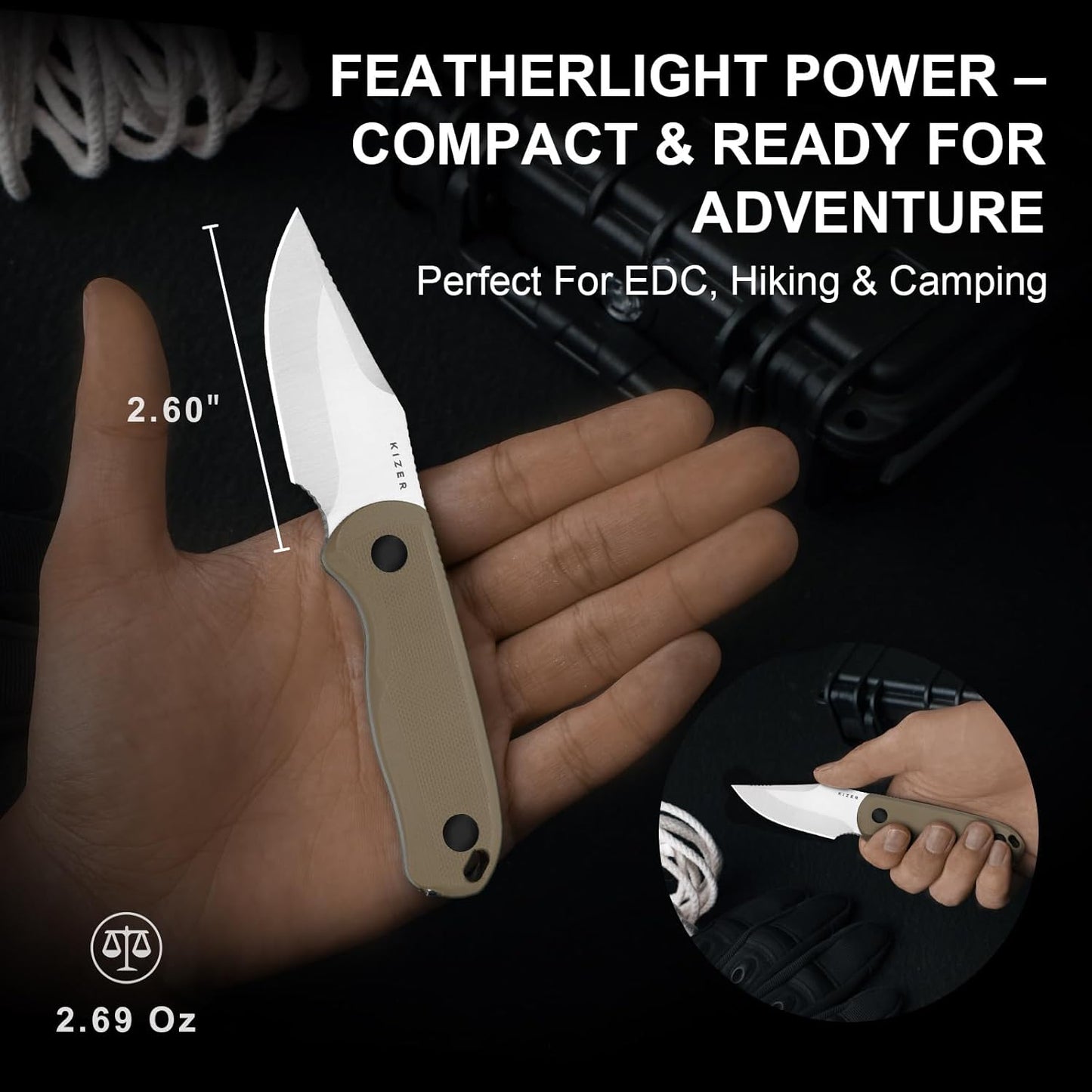 Drop Bear Fixed Blade Knife, 2.57" Black Stonewash D2 Blade EDC Camping Knife with Olive Green G10 Handle & Hidden Tool, Full Tang Hunting Survival Knives with Adjustable Kydex Sheath, 1094M1