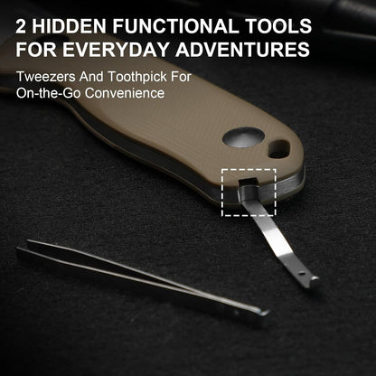 Drop Bear Fixed Blade Knife, 2.57" Black Stonewash D2 Blade EDC Camping Knife with Olive Green G10 Handle & Hidden Tool, Full Tang Hunting Survival Knives with Adjustable Kydex Sheath, 1094M1