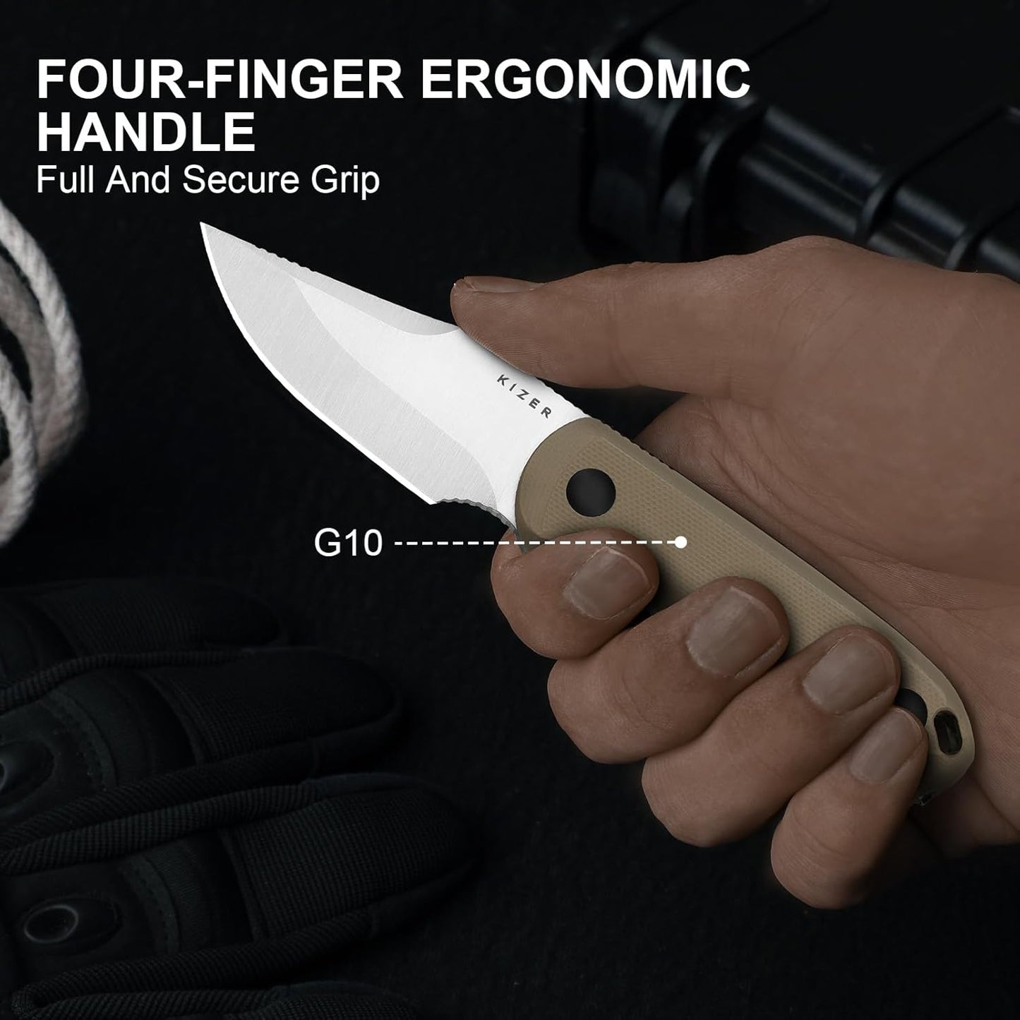 Drop Bear Fixed Blade Knife, 2.57" Black Stonewash D2 Blade EDC Camping Knife with Olive Green G10 Handle & Hidden Tool, Full Tang Hunting Survival Knives with Adjustable Kydex Sheath, 1094M1