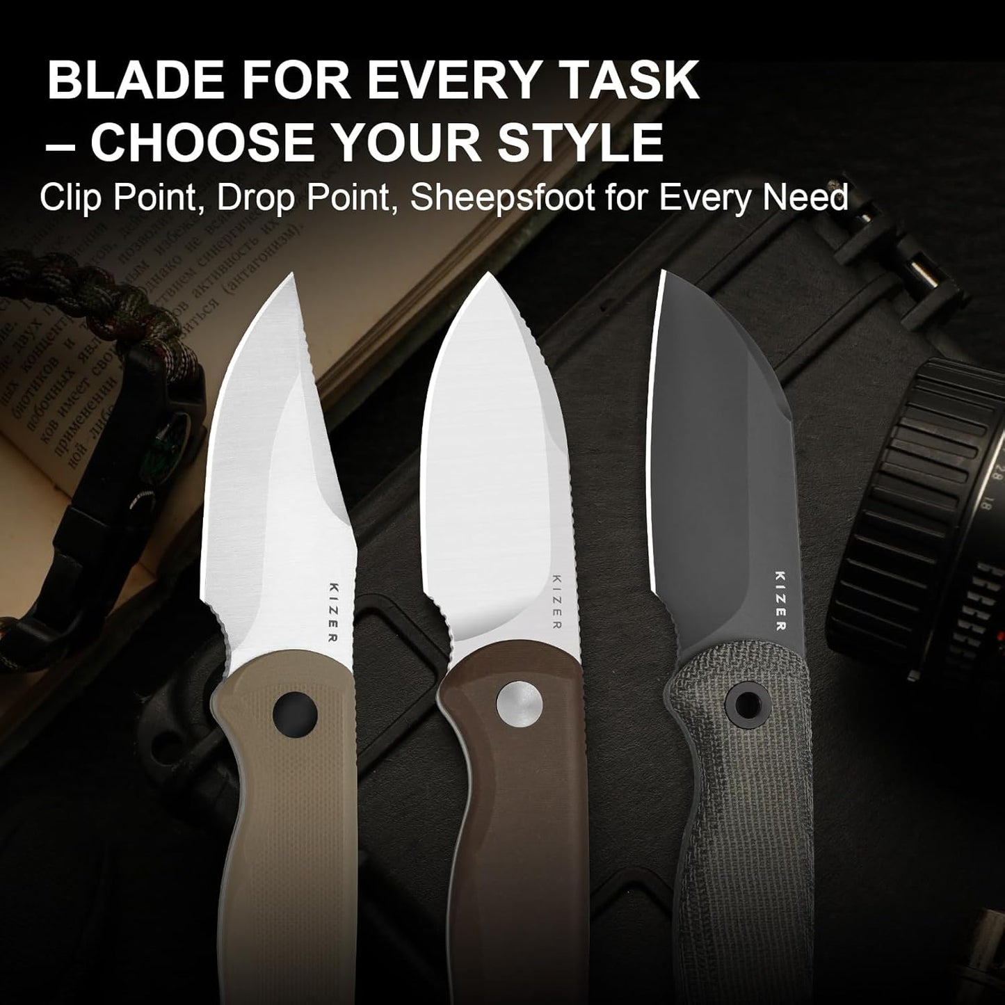 Drop Bear Fixed Blade Knife, 2.57" Black Stonewash D2 Blade EDC Camping Knife with Olive Green G10 Handle & Hidden Tool, Full Tang Hunting Survival Knives with Adjustable Kydex Sheath, 1094M1