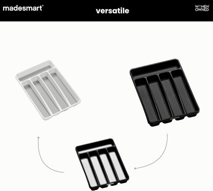 Small Silverware Tray, Compact 5 Compartment Flatware Organizer for Forks, Knives & Spoons, Non Slip, Soft Grip Lining, Fits Small Drawers, Carbon