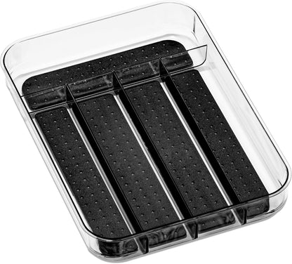 Small Silverware Tray, Compact 5 Compartment Flatware Organizer for Forks, Knives & Spoons, Non Slip, Soft Grip Lining, Fits Small Drawers, Carbon