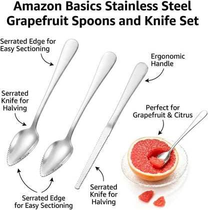 3 Pcs Grapefruit Spoon & Knife Set Stainless Steel Grapefruit Spoons with Serrated Edge Fruit Knife Grapefruit Utensils Tool for Citrus, Kiwi,Dessert, Avocado & More
