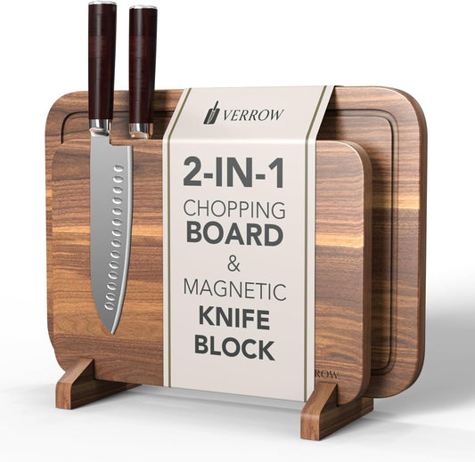 Magnetic Knife Block Countertop and Acacia Wood Chopping Board, Extra Large | 15.5x10.5x0.75In | Wooden Magnetic Knife Holder Block Set with Cutting Board for Kitchen Counter | Magnet Knives Stand