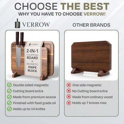 Magnetic Knife Block Countertop and Acacia Wood Chopping Board, Extra Large | 15.5x10.5x0.75In | Wooden Magnetic Knife Holder Block Set with Cutting Board for Kitchen Counter | Magnet Knives Stand