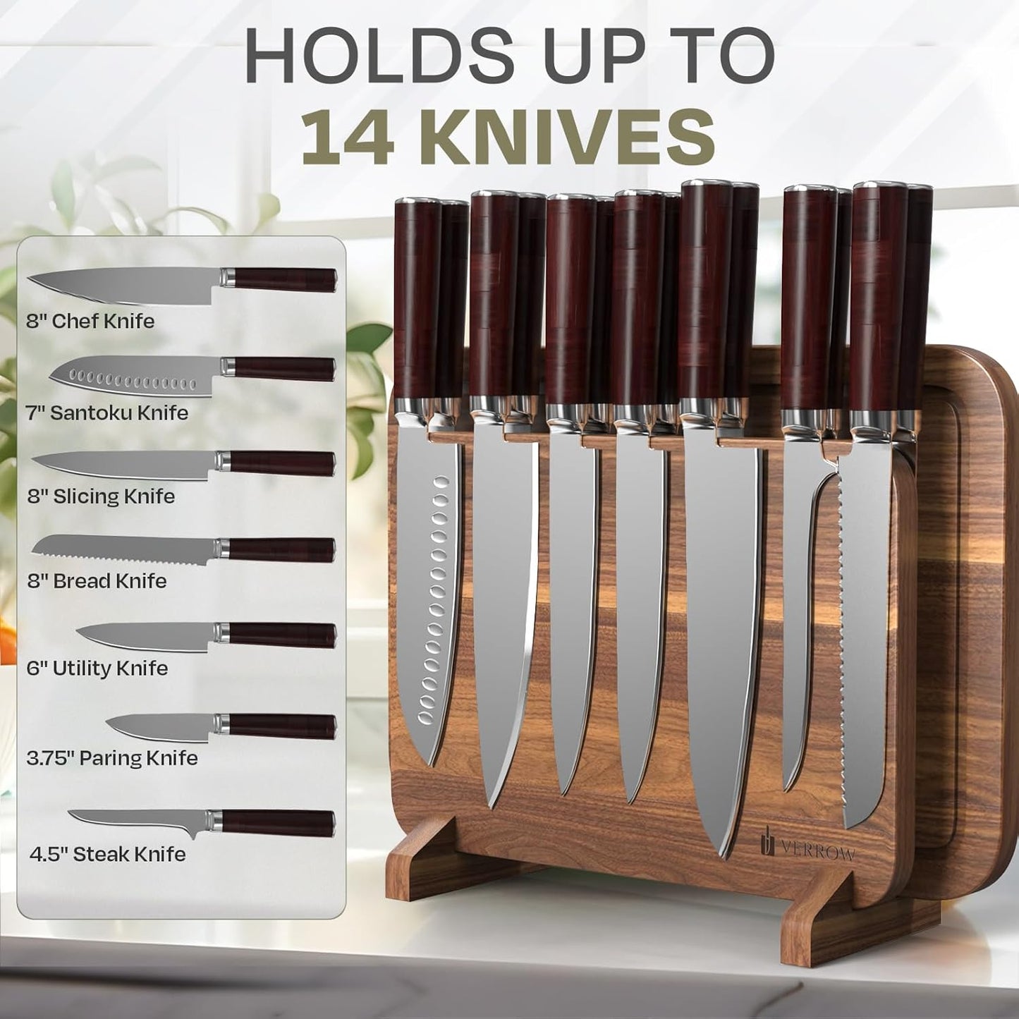 Magnetic Knife Block Countertop and Acacia Wood Chopping Board, Extra Large | 15.5x10.5x0.75In | Wooden Magnetic Knife Holder Block Set with Cutting Board for Kitchen Counter | Magnet Knives Stand
