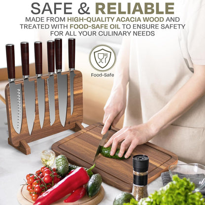Magnetic Knife Block Countertop and Acacia Wood Chopping Board, Extra Large | 15.5x10.5x0.75In | Wooden Magnetic Knife Holder Block Set with Cutting Board for Kitchen Counter | Magnet Knives Stand