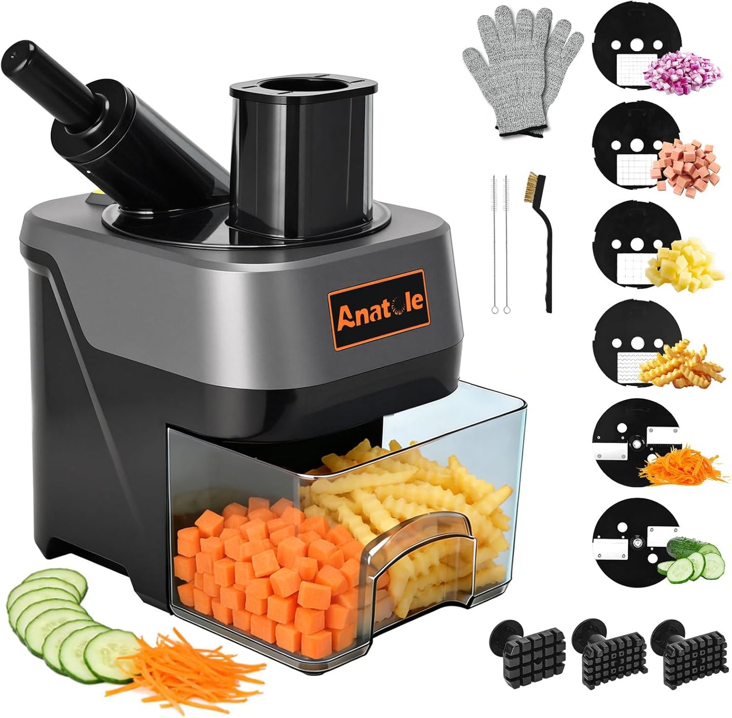 6-In-1 Electric Commercial Food Processor Multifunctional Vegetable Chopper Dicer Slicer Shredder Crinkle Cutter Automatic Discharge 2 Food Inlets With Container for Potato Onion 100W 110V