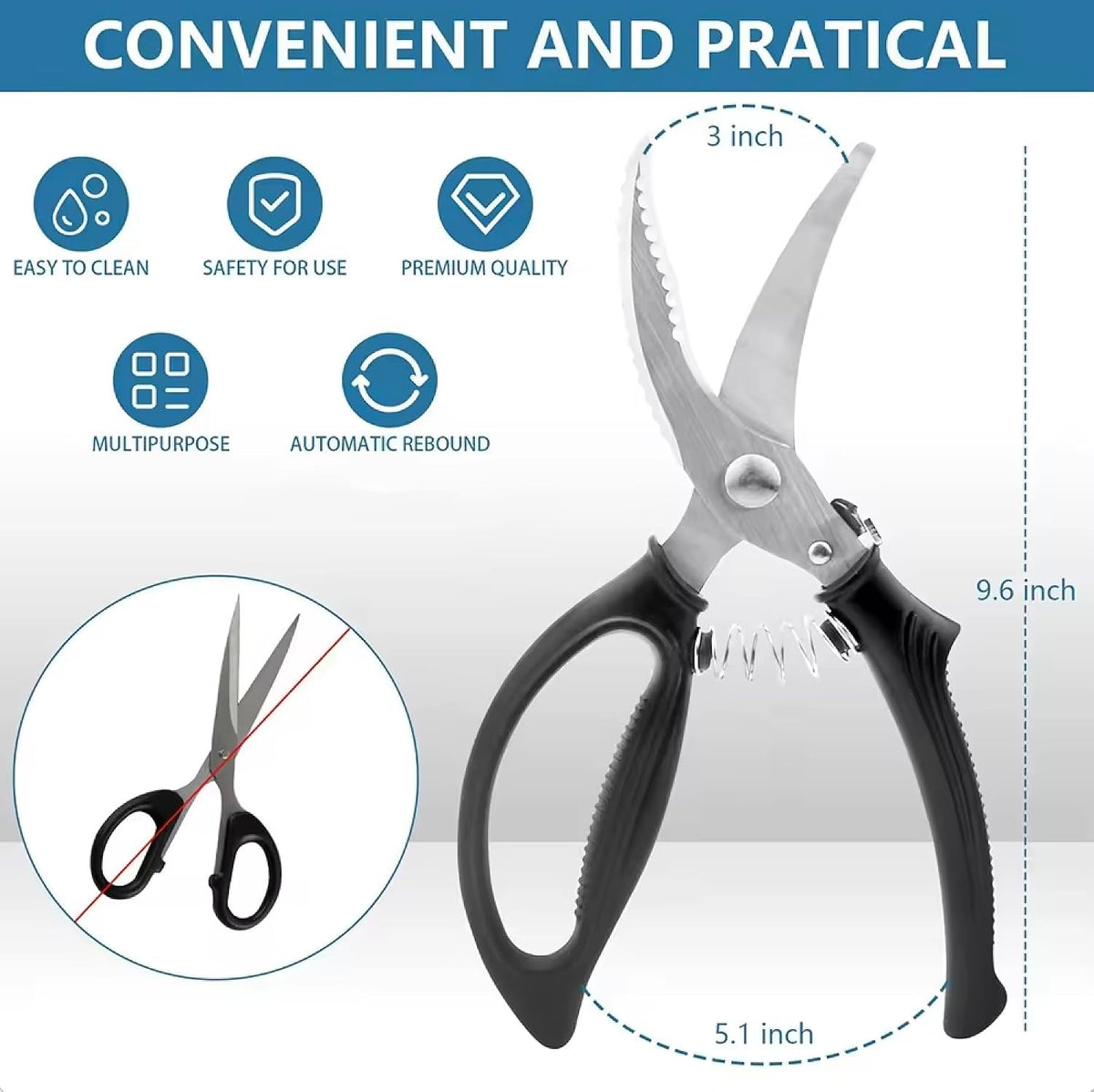 Heavy Duty Kitchen Chicken Scissors,Stainless Steel Multipurpose Kitchen Spring Loaded Meat Shears Poultry Shears with Anti-Slip Handle,Easier Cutting Fish Meat Bone Chicken (BLACK)