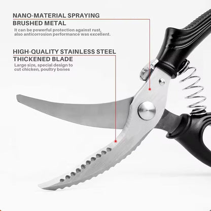 Heavy Duty Kitchen Chicken Scissors,Stainless Steel Multipurpose Kitchen Spring Loaded Meat Shears Poultry Shears with Anti-Slip Handle,Easier Cutting Fish Meat Bone Chicken (BLACK)