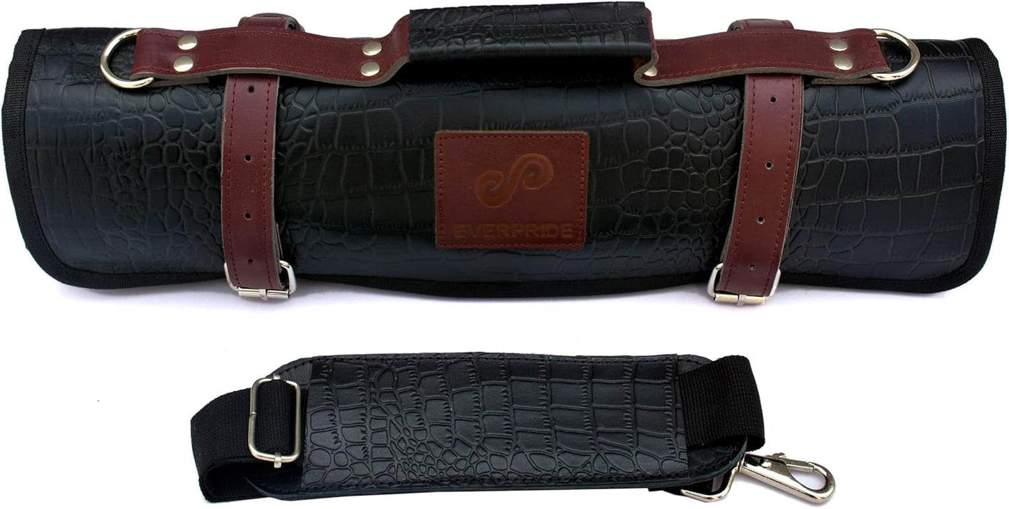 Gorgeous Leather Croc Pattern Premium Leather Chef Knife Roll Bag. Professional Grade Lovely Gift for Chefs Hunting Knives and Home Storage
