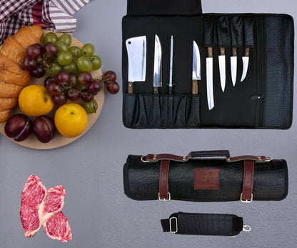 Gorgeous Leather Croc Pattern Premium Leather Chef Knife Roll Bag. Professional Grade Lovely Gift for Chefs Hunting Knives and Home Storage