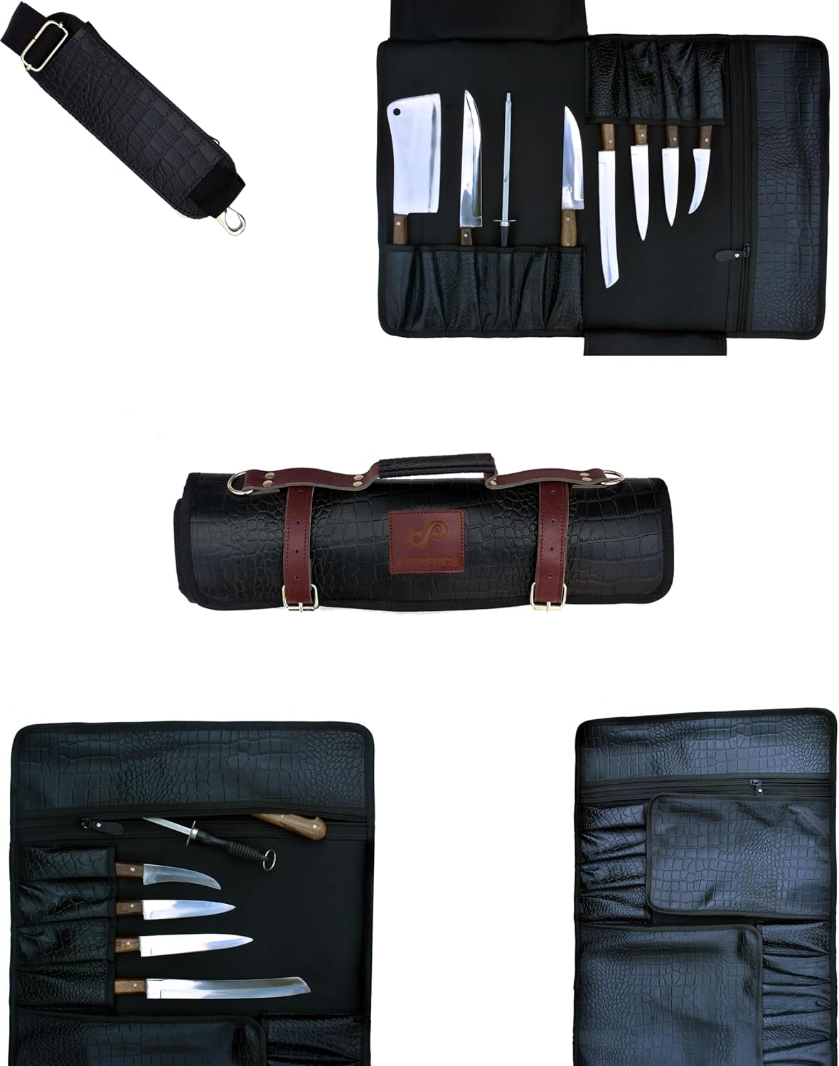 Gorgeous Leather Croc Pattern Premium Leather Chef Knife Roll Bag. Professional Grade Lovely Gift for Chefs Hunting Knives and Home Storage