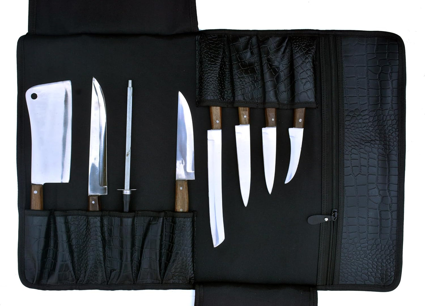 Gorgeous Leather Croc Pattern Premium Leather Chef Knife Roll Bag. Professional Grade Lovely Gift for Chefs Hunting Knives and Home Storage
