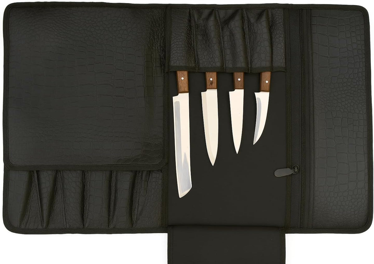 Gorgeous Leather Croc Pattern Premium Leather Chef Knife Roll Bag. Professional Grade Lovely Gift for Chefs Hunting Knives and Home Storage