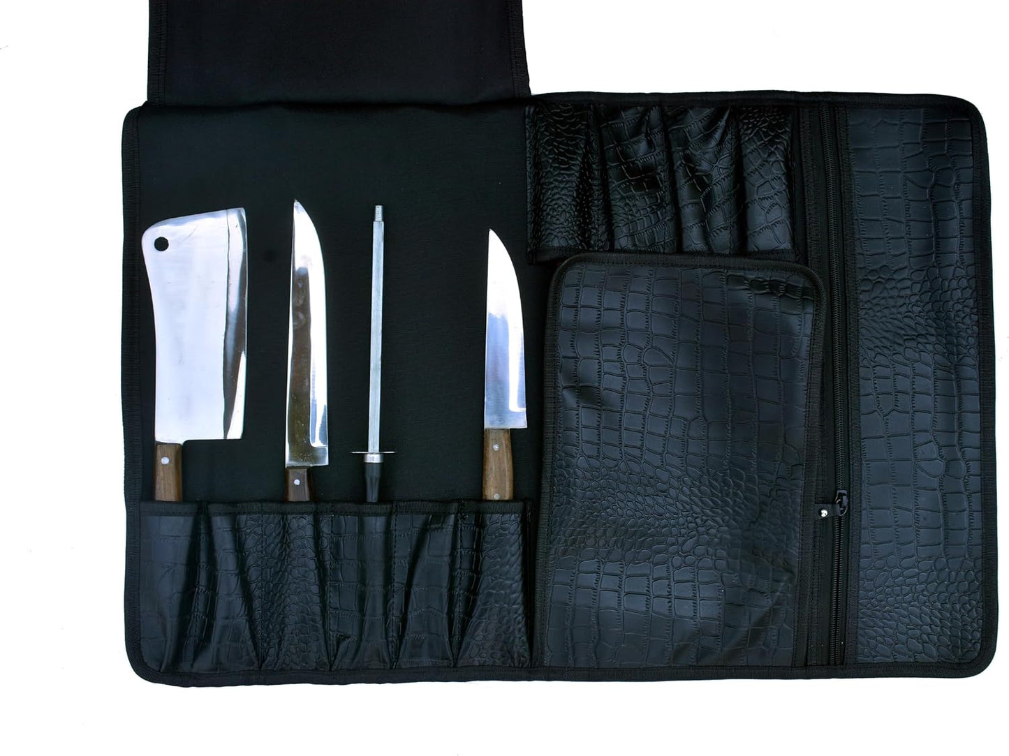 Gorgeous Leather Croc Pattern Premium Leather Chef Knife Roll Bag. Professional Grade Lovely Gift for Chefs Hunting Knives and Home Storage