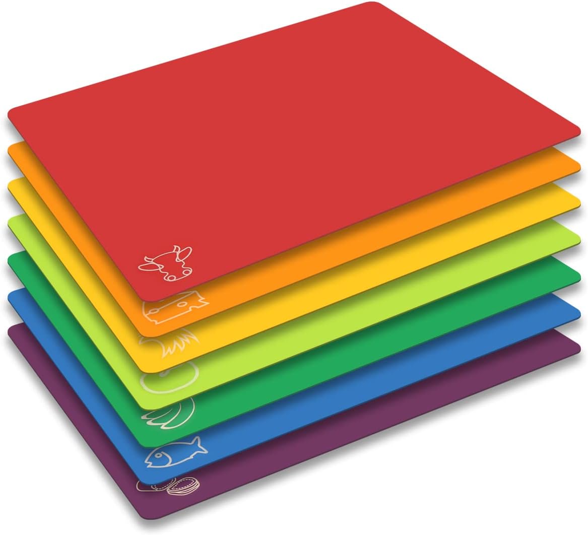 Cutting Board Mats Flexible Plastic Colored Mats with Food Icons, BPA-Free, Non-Porous, Anti-skid back and Dishwasher Safe, Set of 7 Rainbow - 7 Pieces
