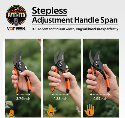 VOTREK® Pruning Shears, Patented Stepless Handle Opening for All Hand Sizes