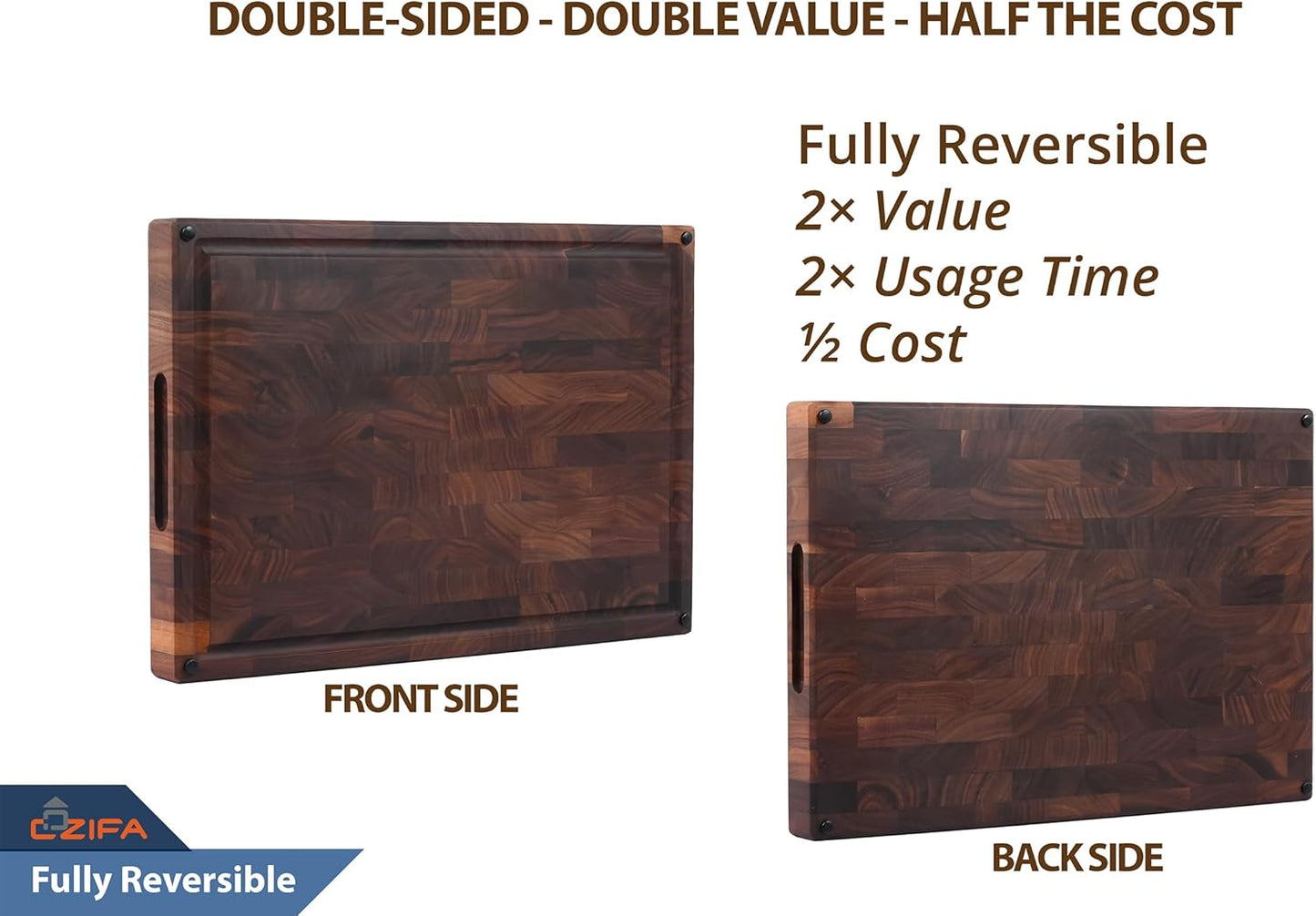 American Dark Walnut Wood Cutting Board 17"x12"x1.6" for Kitchen with Juice Groove, Inner Handles, Gift Box Packaging and End Grain Butcher Block Finished with Linseed Oil, Beeswax & Lemon Oil